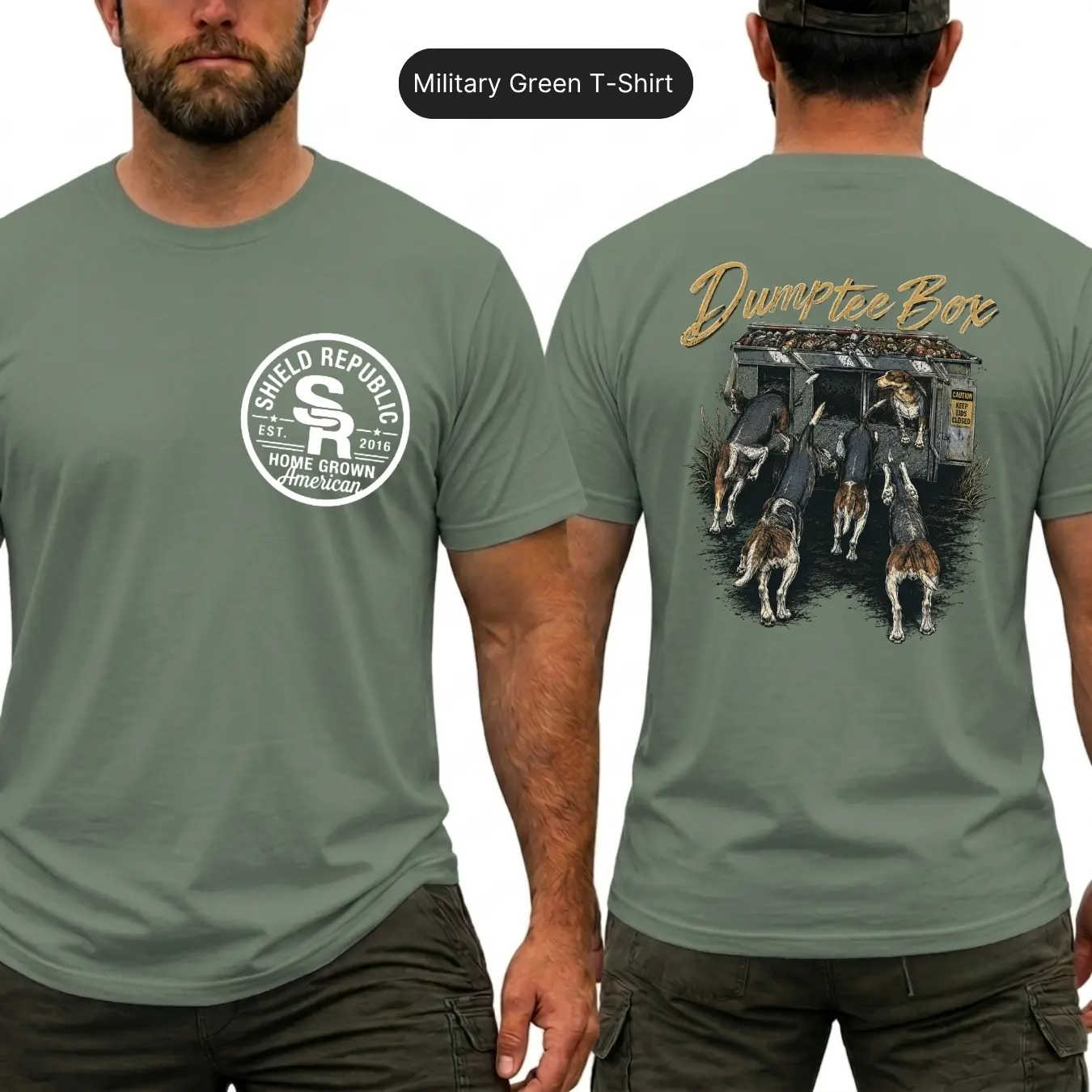 Shield Republic Dumptee Box Coon Hunting T-Shirt, Beagle Hound Dog Graphic Shirt, Front Chest Logo and Large Back Print Hunter Tee, Home Grown American Apparel, Outdoor Coon Hunting Gift for Men and Women