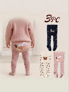 3 Pairs Girls Cartoon Animal Tight Pants, Cartoon Print Pants, Cute Playful Style, Soft Deer Leather, Boone Pattern, Ideal for Toddler Daily Wear