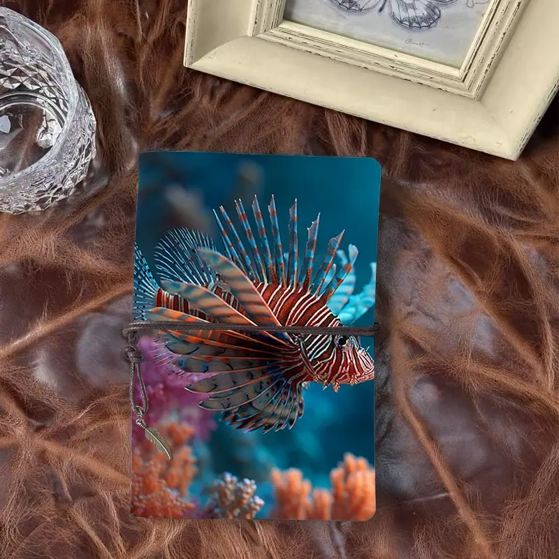 A6 Vintage Handmade Notebook Tie Closure 160 Pages Removable Paper Thoughtful Gift for Compliance Meeting Records with Lionfish with striped body Pattern
