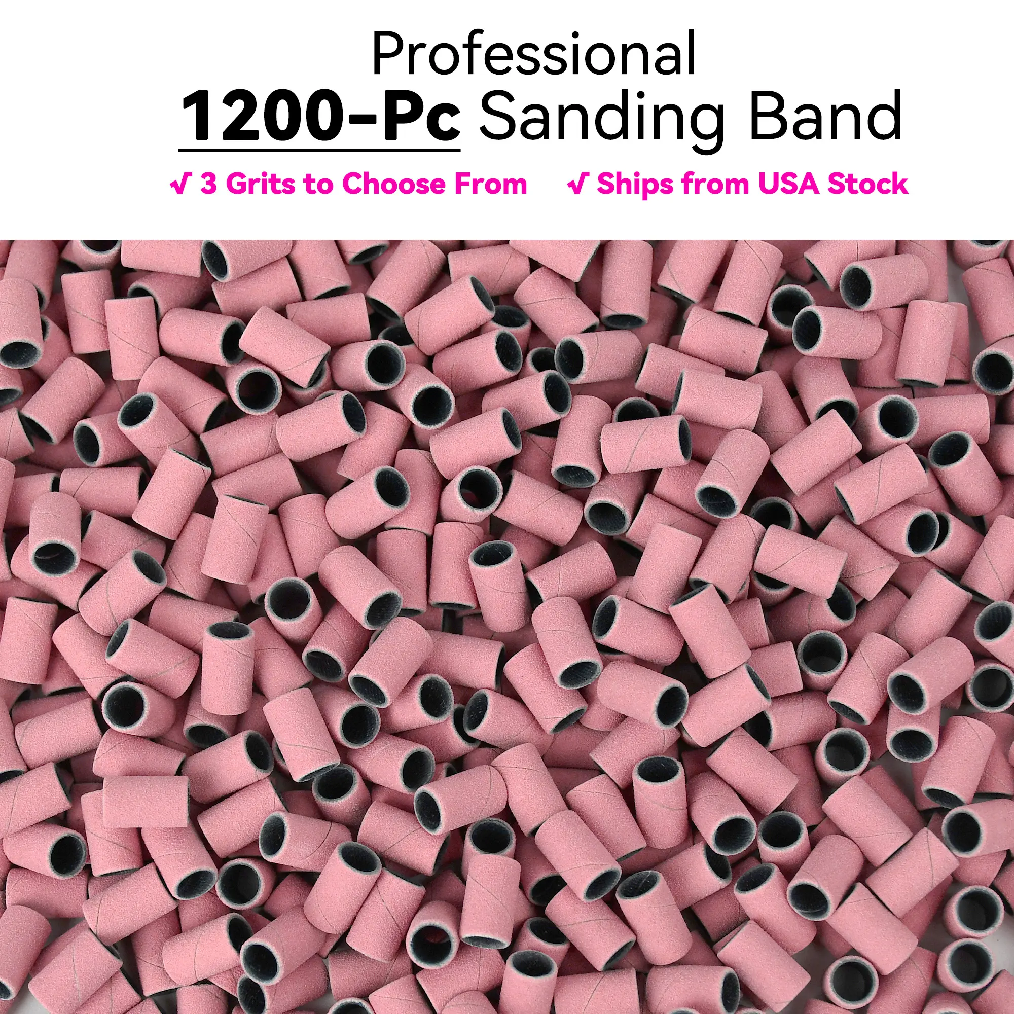 1200 Pcs 6.3mm Pink Sanding Bands for Manicure at Home - Coarse/Medium/Fine Grit Variety, Bulk Nail Drill Accessories, Nail Care Tools, USA Stock