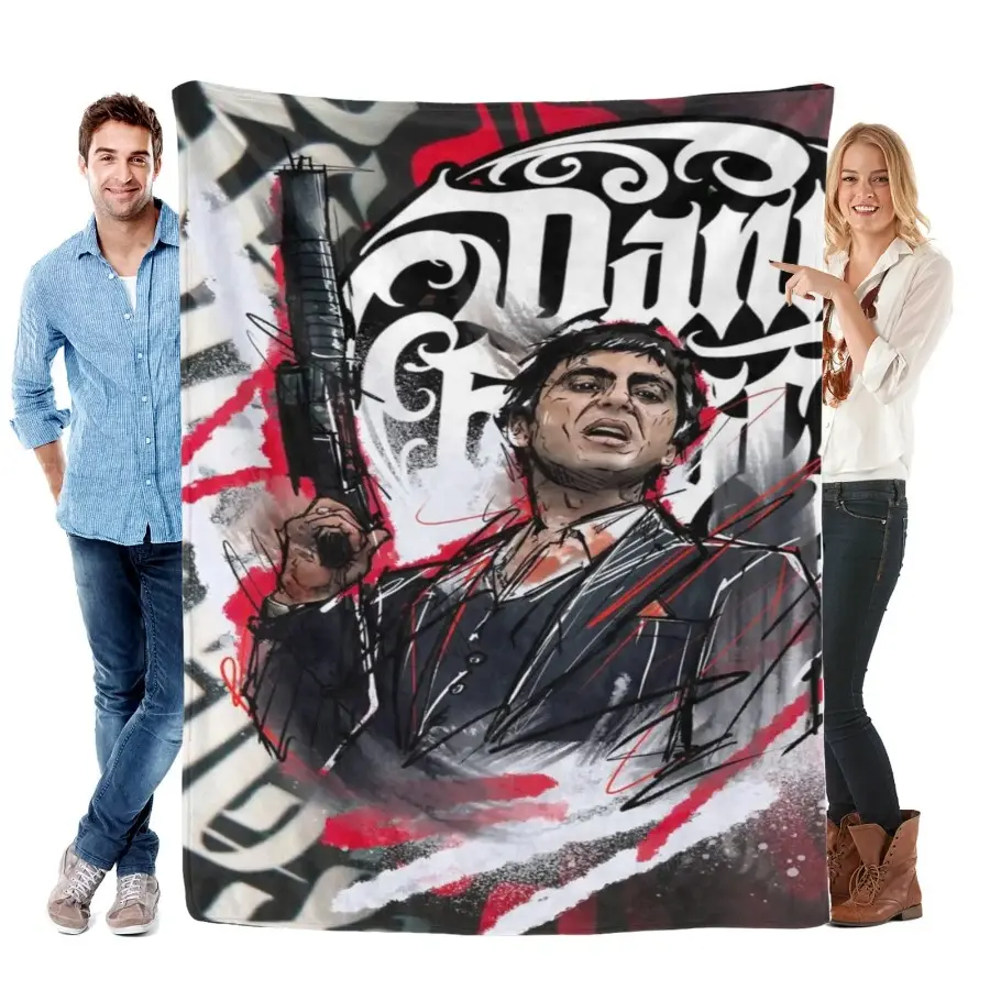 Scarface Tony Montana Graffiti Style Flannel Throw Blanket - 40*50in (Children's Size), 60*80in (Max Size) - Ultra-Soft, Lightweight, Warm, Breathable, Wrinkle Resistant - for Sofa, Bed - Retro Movie Art Room Decor, House Decor - 80s Movie Fans Gift