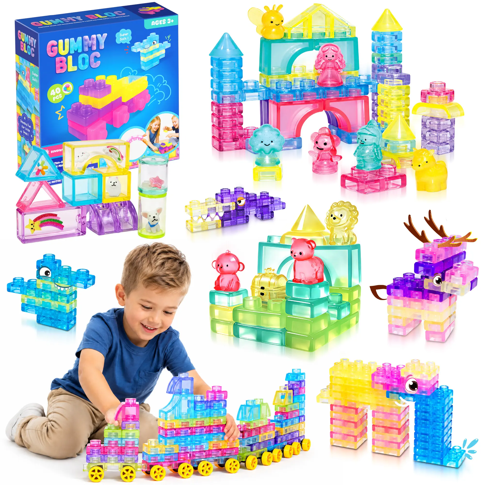 CraftSpot 40Pcs Soft Jelly Building Blocks, Non-Toxic Squishy  Multicolor Sensory Stacking Building Blocks Set, Safe Squeezable & Stretchable Toy For Early Learning Preschool Bath Toy Construction Creative Play For Kids Age 3+