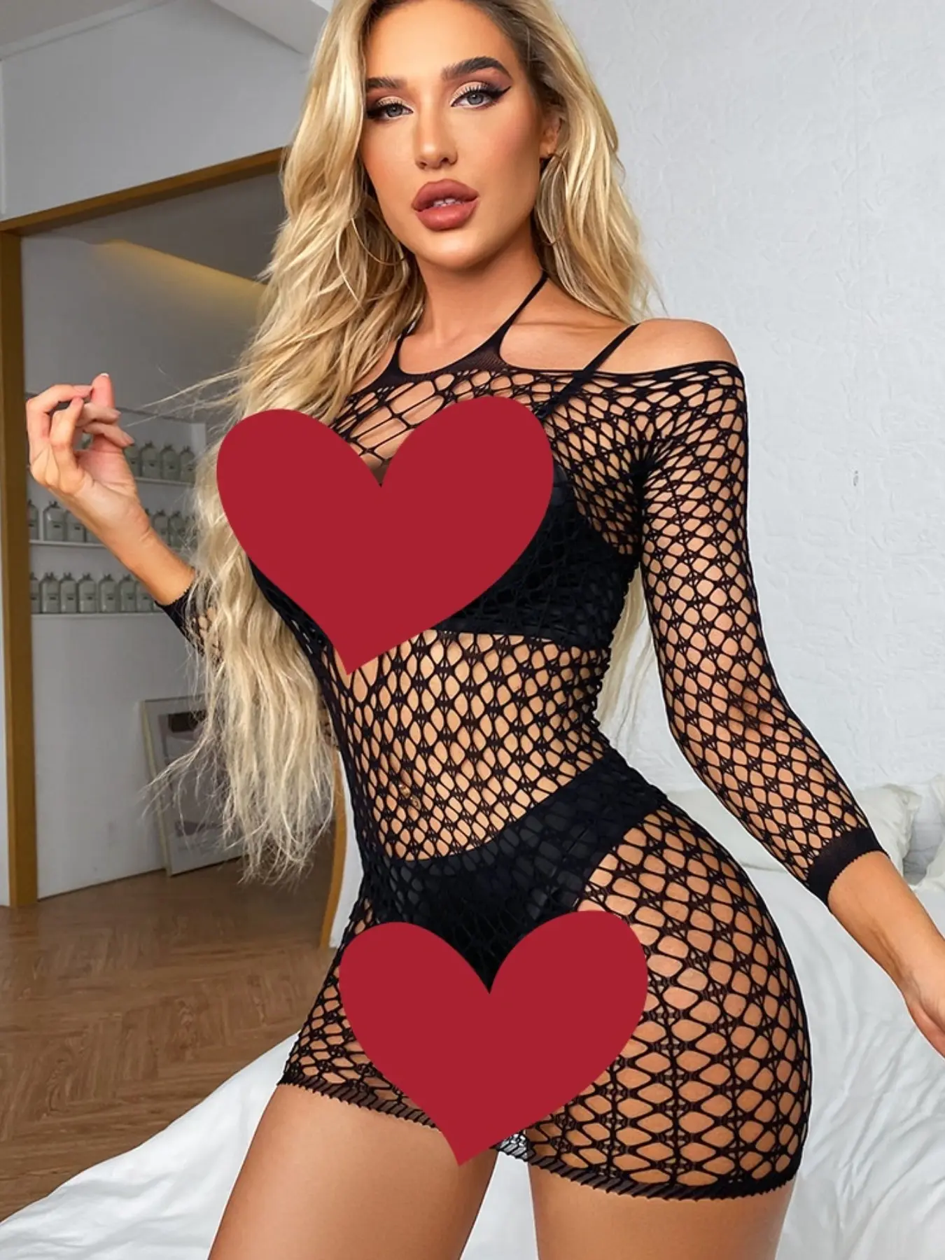 Sexy Women's Halter Asymmetrical Shoulder Fishnet Sheer Bodycon Mini Dress, Edgy for Lingerie & Club Looks, All Seasons