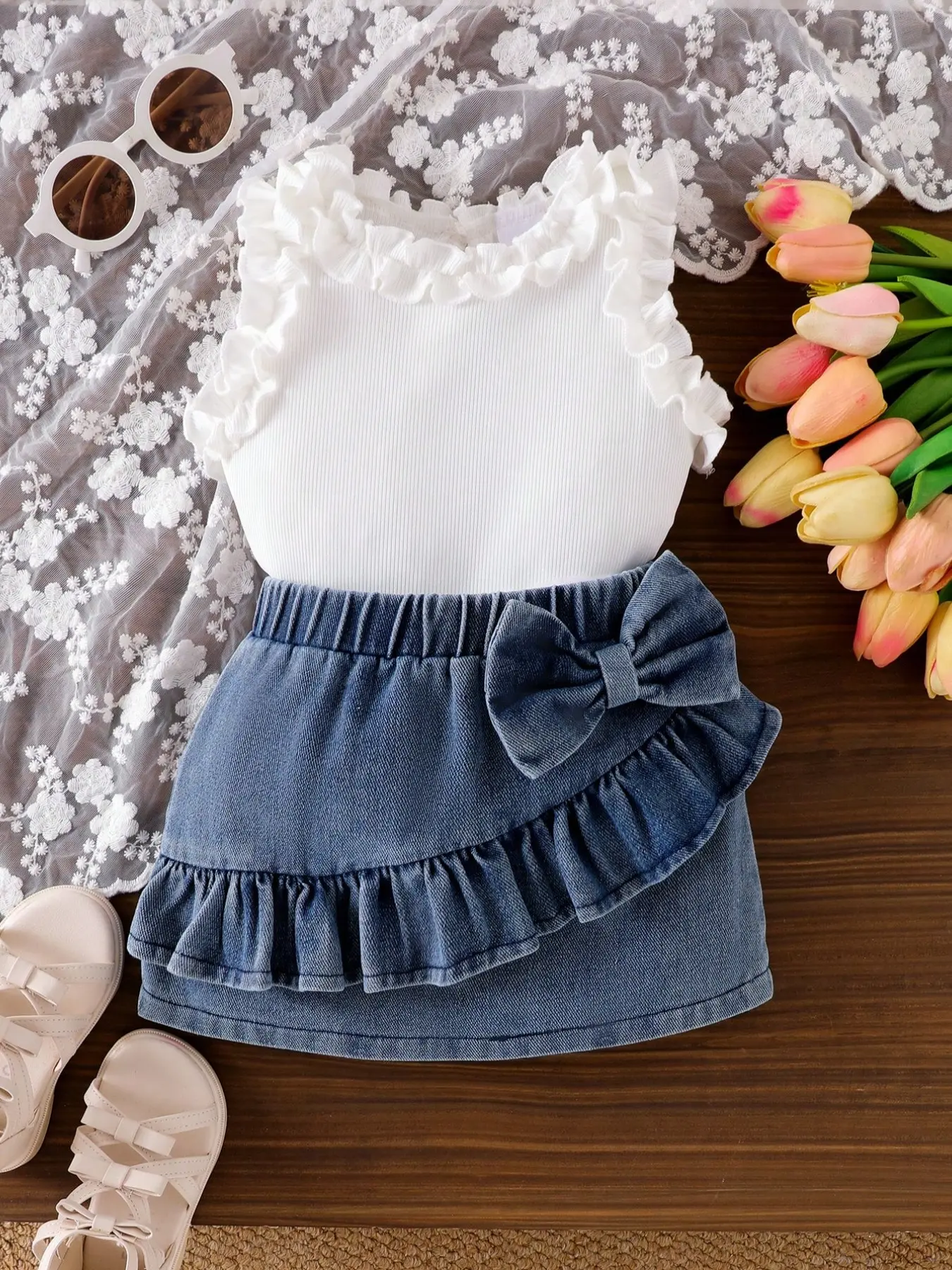 Baby Girl 2-Piece Set, Lace Trim Sleeveless Tank Top and Large Bow Ruffle Denim Skirt, Cute Infant, Baby Clothing, Fashionable Baby Clothes