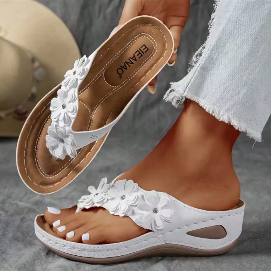 AESS Women's Plus Size Elegant Open Toe Sandals - Solid Color, Floral Decor, Summer Fairy Flip Flops, Fabric Upper, Microfiber Insole, Non-Slip Outsole, Women's Footwear Shoe
