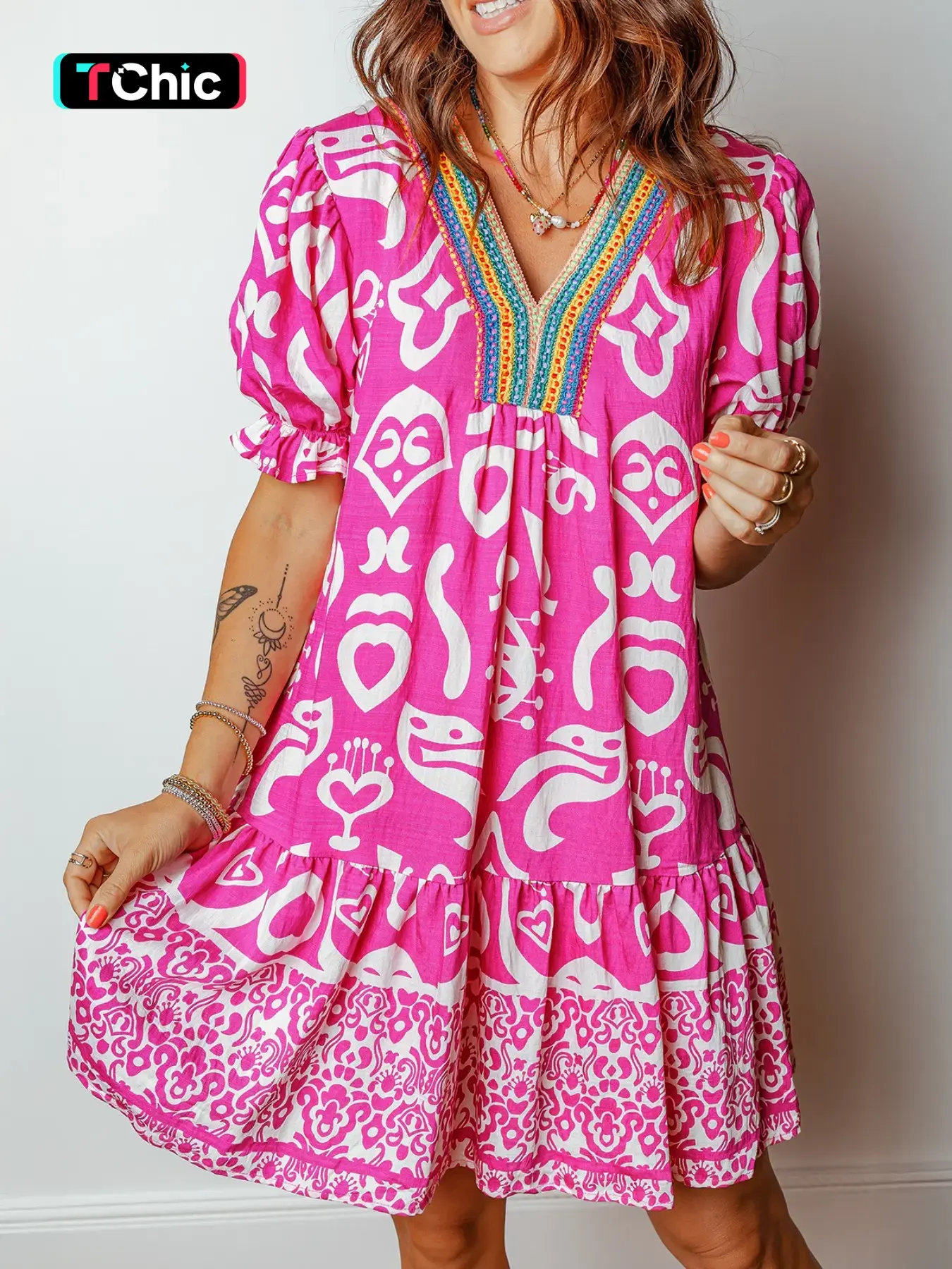 Summer Casual Bohemian Mixed Print Color Block V Neck Short Sleeve Maxi Dress, Womenswear, Women's Fashionable Beachwear, Boho Printed Dress, Boho Beach Sundress, Boho Styles Fashion, Comfortable, Fit, Stylish and Elegance