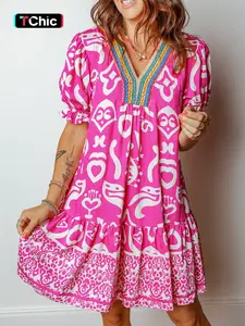 Summer Casual Bohemian Mixed Print Color Block V Neck Short Sleeve Maxi Dress, Womenswear, Women's Fashionable Beachwear, Comfortable, Fit, Stylish and Elegance