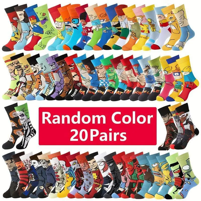 Random Color 20 Pairs Men's Cartoon Anime Pattern Crew Socks Breathable Comfy Casual Socks for Men's Outdoor Wearing All Seasons Wearing Fabric Menswear Machine Washable Spandex Blend