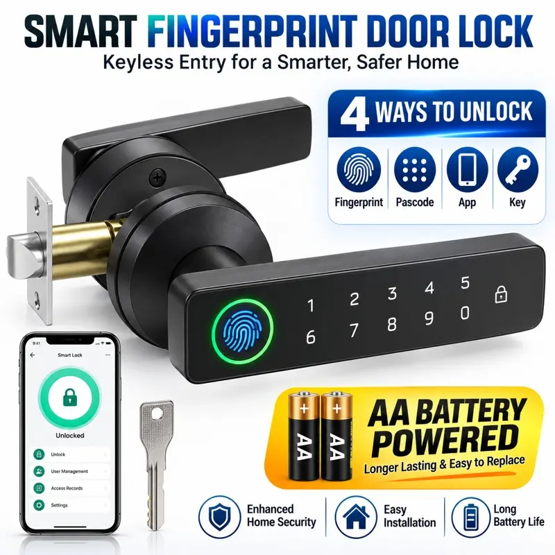 Smart Fingerprint Door Lock Keyless Entry Door Handle with Keypad Passcode App Control Physical Key Reversible Lever AA Battery Powered Smart Lock for Bedroom Apartment Office