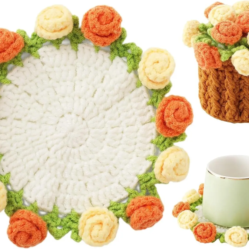 Hand-Knitted Blossom Coasters - Cute Tableware Cup Mats, Handcrafted Floral Blanket-Style Place Mats for Coffee Desk Protection & House Styling