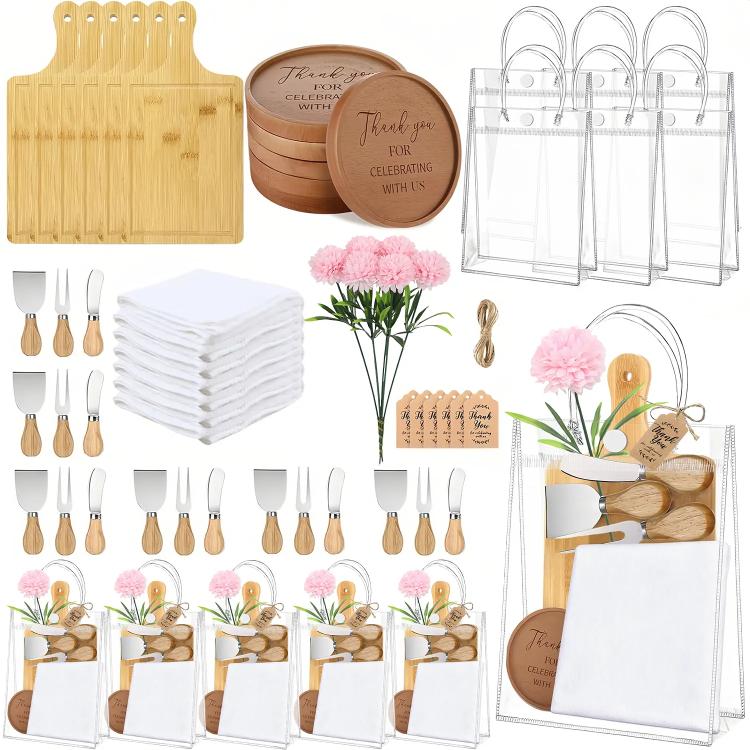 Beige Bow Square Pizza Board Set with Flower - Metal & Plastic Party Tableware, Square Cheese Board Gift Pack, Bridal Shower Guest Gift (Home & Festive Party Supplies)