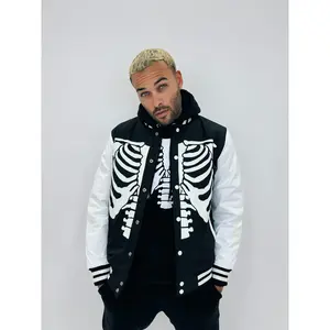 GLOW IN THE DARK SKELETON VARSITY JACKET - BLACK/WHITE