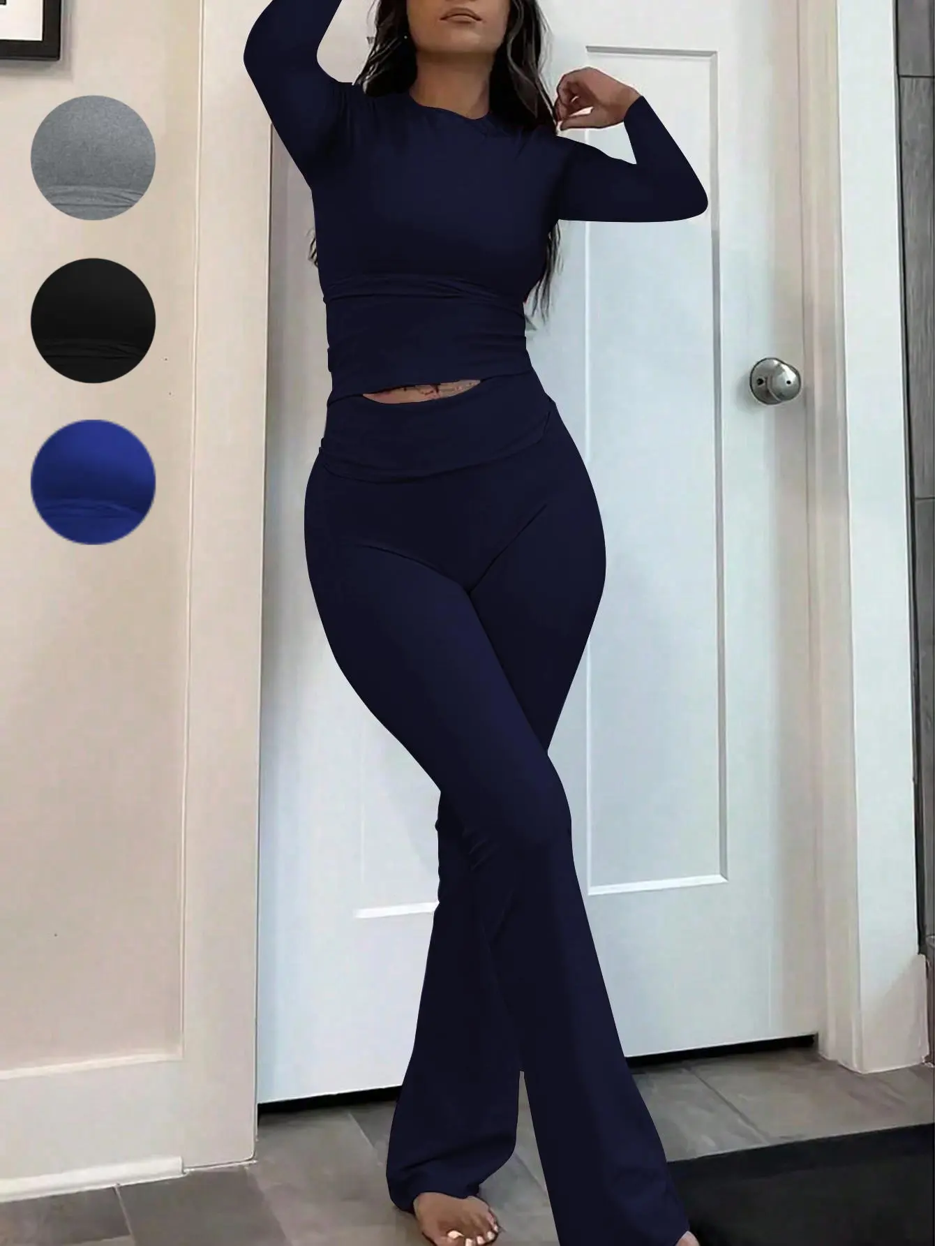USBoutique Chic 2-Piece Pants Set – Women's Casual Crop Long Sleeve Top & Fold Over Flare Leg Pants, Summer Matching Outfit for Daily Wear, Soft Elegant Womenswear