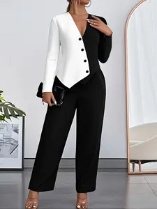 Women's Colorblock Blazer Set, Irregular Top & Wide-Leg Pants Two-Piece Suit, Casual Chic Elegant Fall Winter, Regular Length