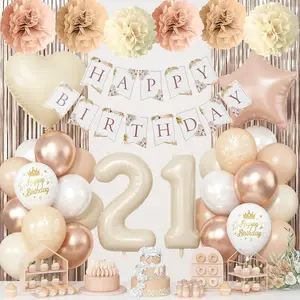 21st Cream Birthday Decorations for Her, Beige Number 21 Heart Tan Star Balloons Neutral White Gold Nude Balloon with Boho Happy Birthday Banner Fringe Curtain Paper Pompoms Classy Girls Party Decor