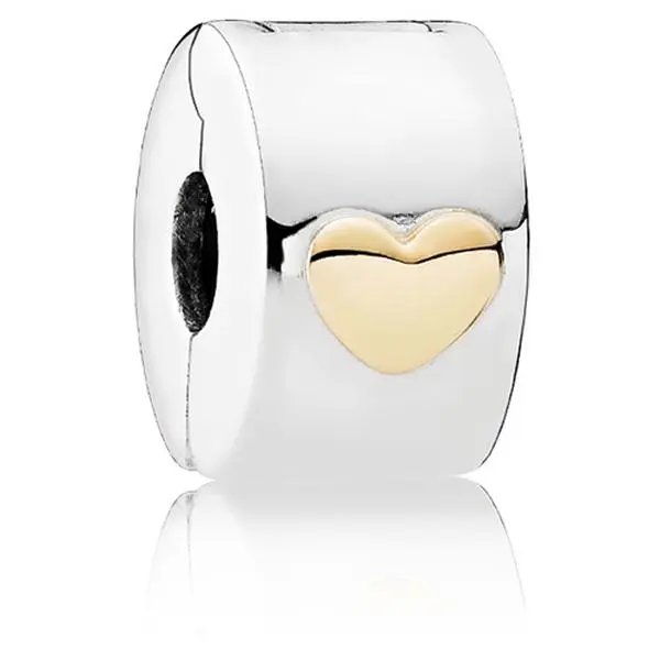 PANDORA Classic Fixed Clip Charm with a 14kt Gold Heart Accent, 2-Tone Sterling Silver, Hand-Finished for Bracelets, Charms & Pendants, Heart Shape, Love, Adults