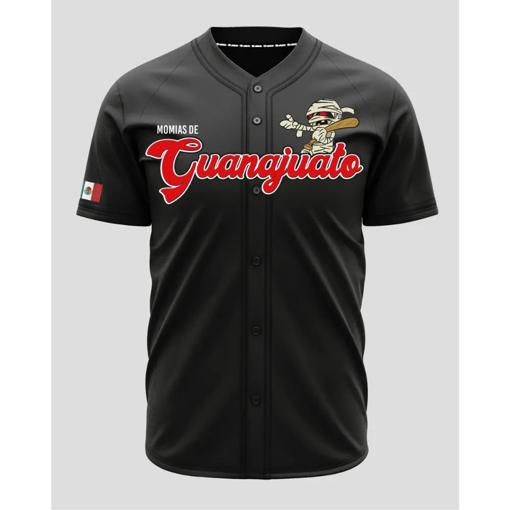 Unisex Momias de Guanajuato Black Red/White Blue Baseball Jersey – Mexico Heritage Button-Up Jersey, Retro Mummy Graphic Sports Shirt, Unisex Fan Apparel