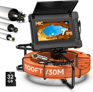 【fathersdaygift】7inch Sewer Camera,100ft Cable, IP68 Waterproof Sewer Pipe Inspection Camera with 20X Image Enlarge,HD Endoscope Camera with 16GB TF Card 12 PCS LED with high white adjustable light
