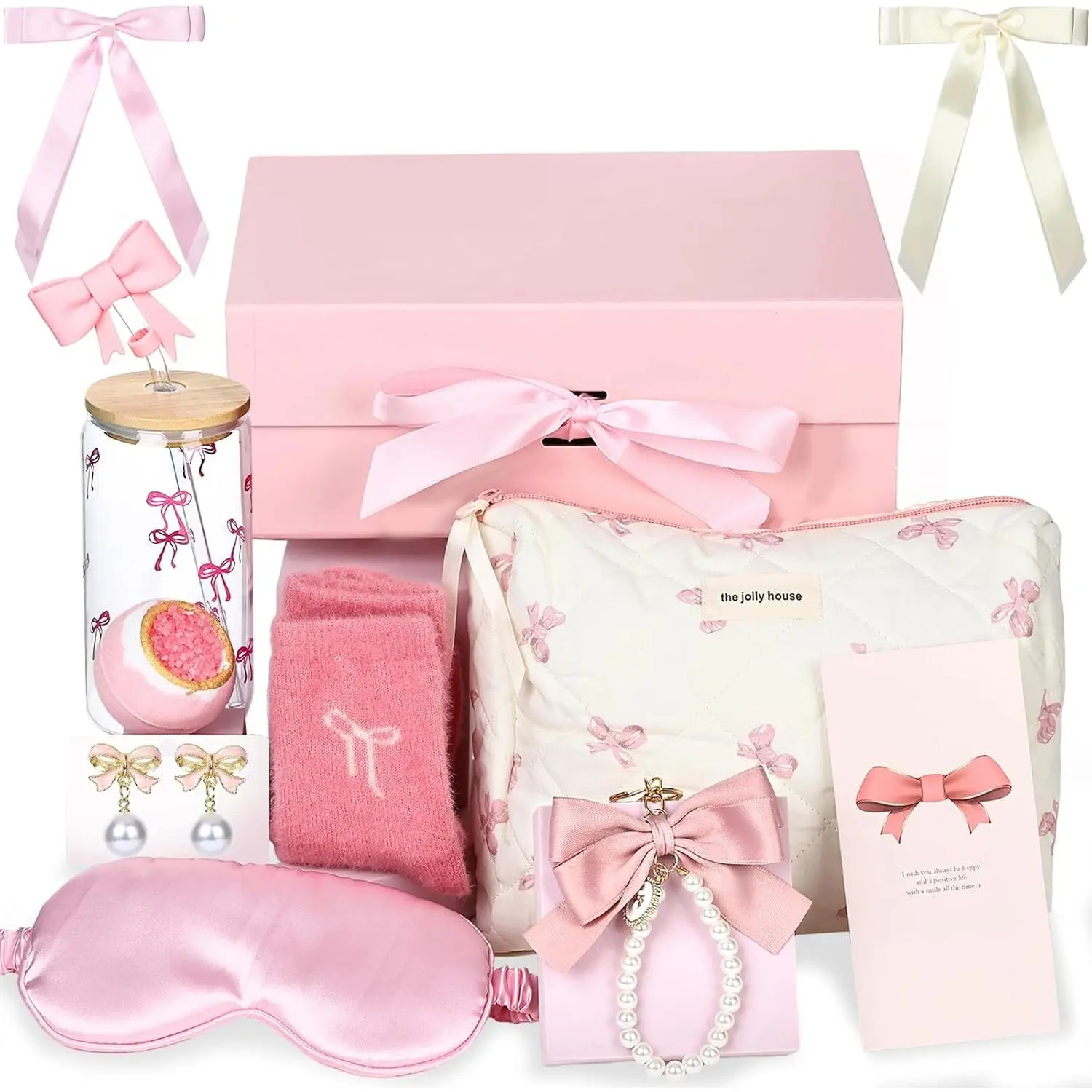 Pink Bow Gift Basket for Women 13 Pcs Coquette Bow Teen Girl Happy Birthday Box Girl Trendy Stuff Set Mothers Day Galentine's Gifts Includes Glass with Straw for Her Daughter Niece Friend Sister