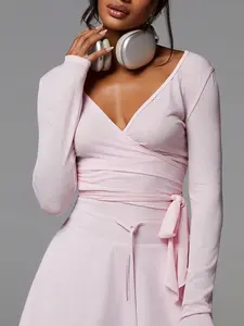 Women's Soft Slub Knit Wrap Front Long Sleeve Crop Top With Waist Tie, Elegant Loungewear Suitable For Yoga, Pilates, Workout Daily Wear And Daily Wear, Active Wear