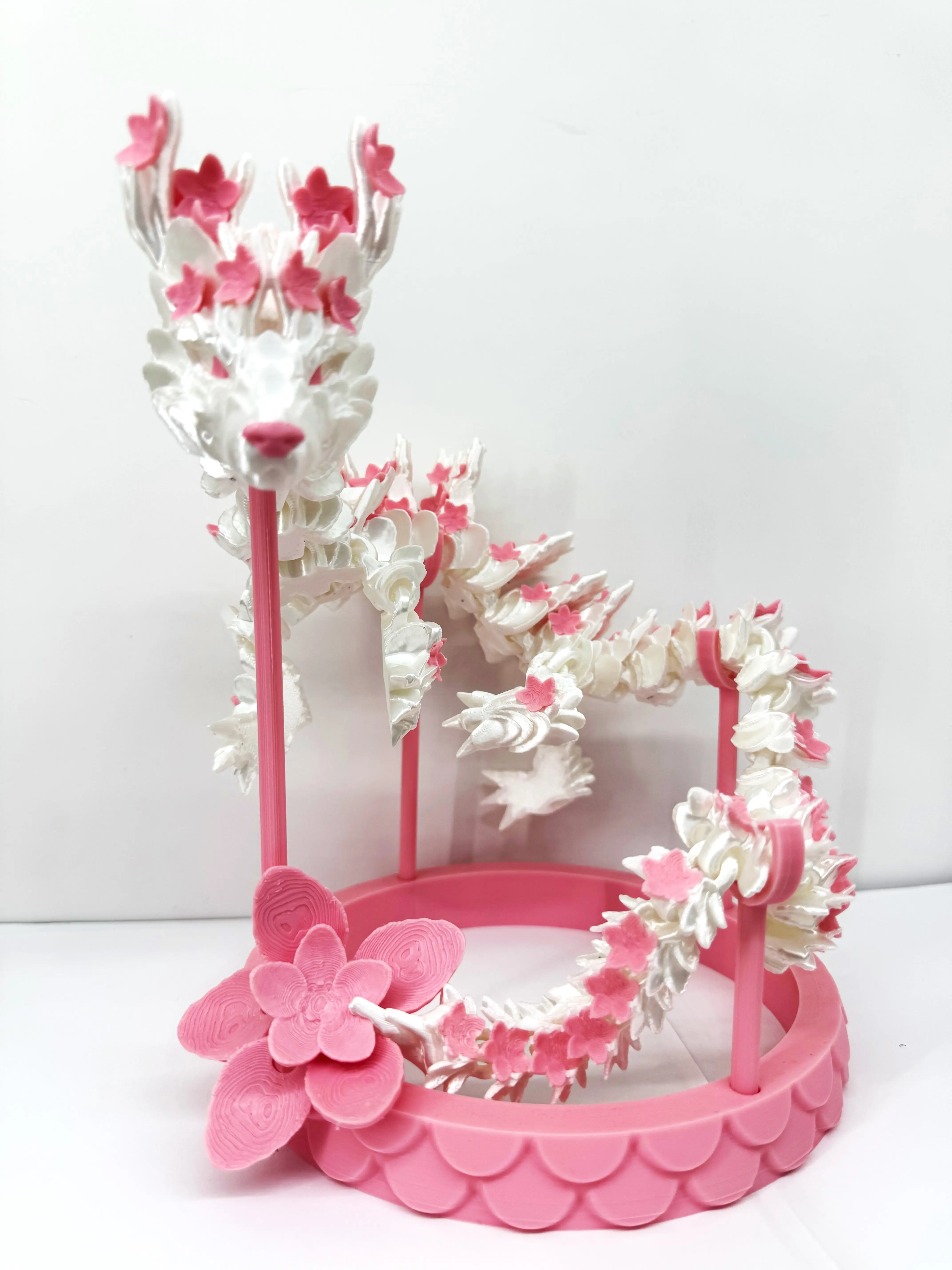 24 Inches White and Pink Cherry Blossom with Display Stand, Articulated 3D Printed Dragon,  Fidget ADHD Autism Toy D016-24-PDS
