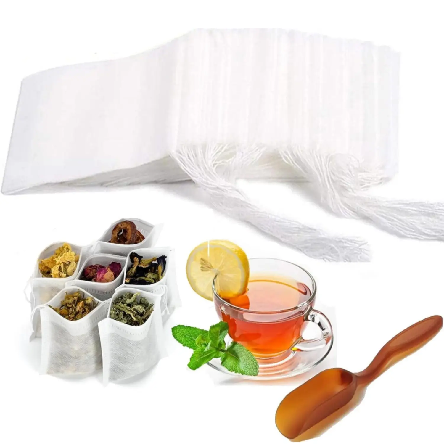 600-Piece Disposable Tea Infuser Filter Bags with 1 Tea Spoon, Empty Bags for Loose Leaf, Spices, Herbs (3.54x2.75 in) - Kitchen Specialty Utensil