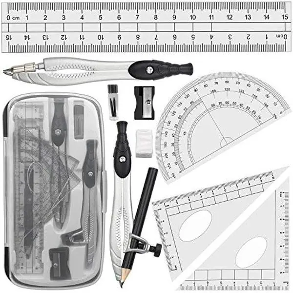 Geometry Compasses Set with Maths Protractor, Set Squares, Ruler, Black Geometry Compasses Set with Maths Protractor, Set Squares, Ruler, Black