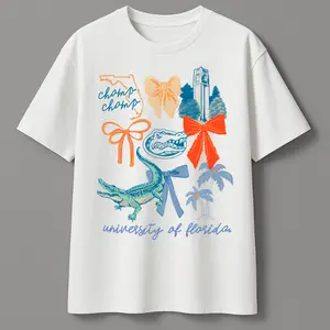 University of Florida Gators T-Shirt – Cute Bow Graphic Florida College Tee (Chomp Chomp, Gator, Retro Style)