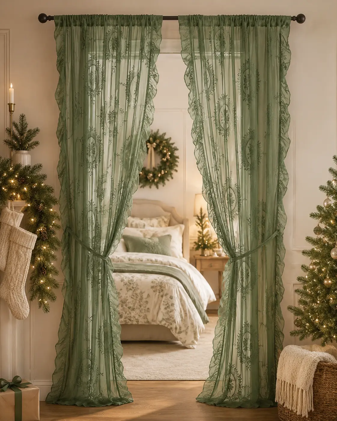 Vintage Floral Lace Curtains/Door Curtains—with ruffled trim and a rod-through design, perfect for bedroom and living room decor as well as holiday party decorations