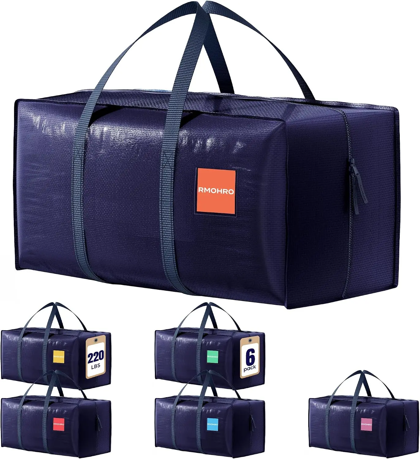 6 Pack Moving Bags Heavy Duty 210GSM with Full-Open Side Zipper, 93L 220lbs Waterproof Foldable Storage Totes for College Dorm Move-In, Moving Boxes Alternative & Home Organization, Blue