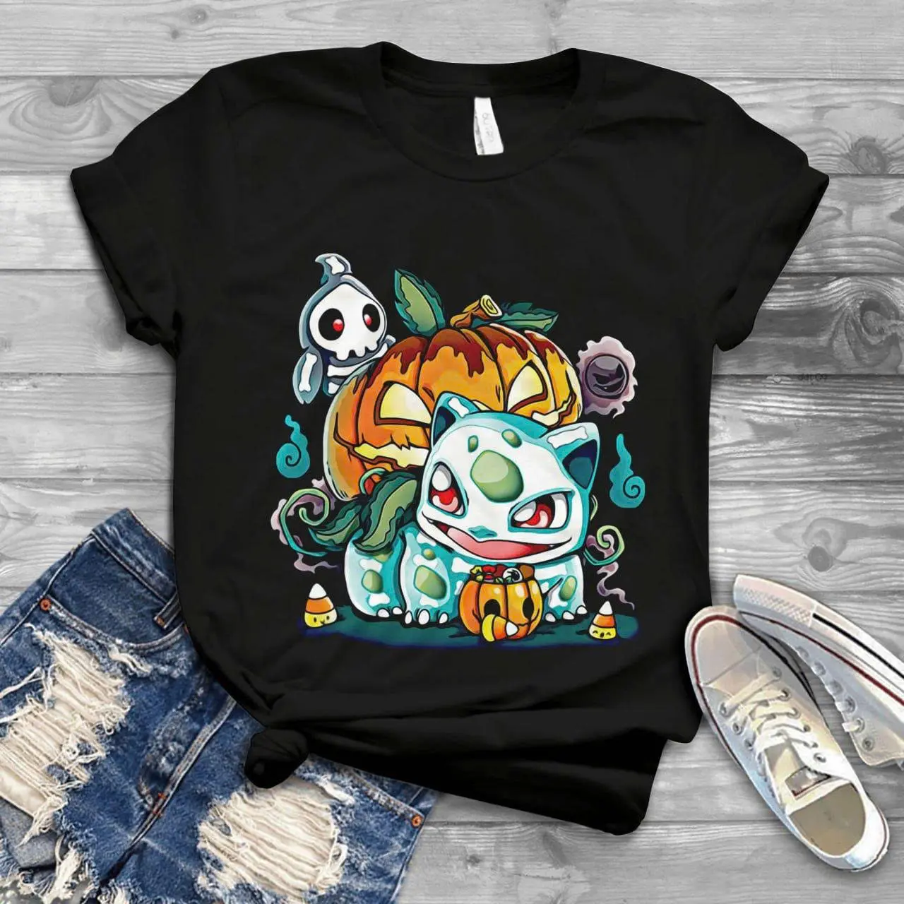 Youth + Adult Halloween Bulbasaur Washed Vintage Tee , Halloween Bulbasaur Shirt Anime, Pokemon Shirt, Pokemon Merch, Pokemon for fan, Gift