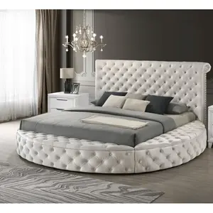 Bellemave Unique Round Plush Ivory Velvet Button-Tufted Storage Bed Queen Size 3pc Set with 2 Nightstands Wooden Bedroom Furniture Upholstered Luxurious & Stunning Sleek Profile