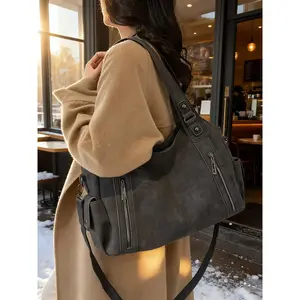 Women's Large Capacity Shoulder Bag, Vintage Daily Tote, High-Quality Casual Handbag, Commuter Crossbody Bag, Fits Books and Laptop, PU Tote Satchel