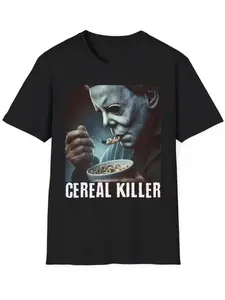 Men's Cereal Killer Graphic T-Shirt with Funny Michael Myers Horror Meme, Soft Moisture-Wicking Natural Cotton Casual Streetwear, Sweat