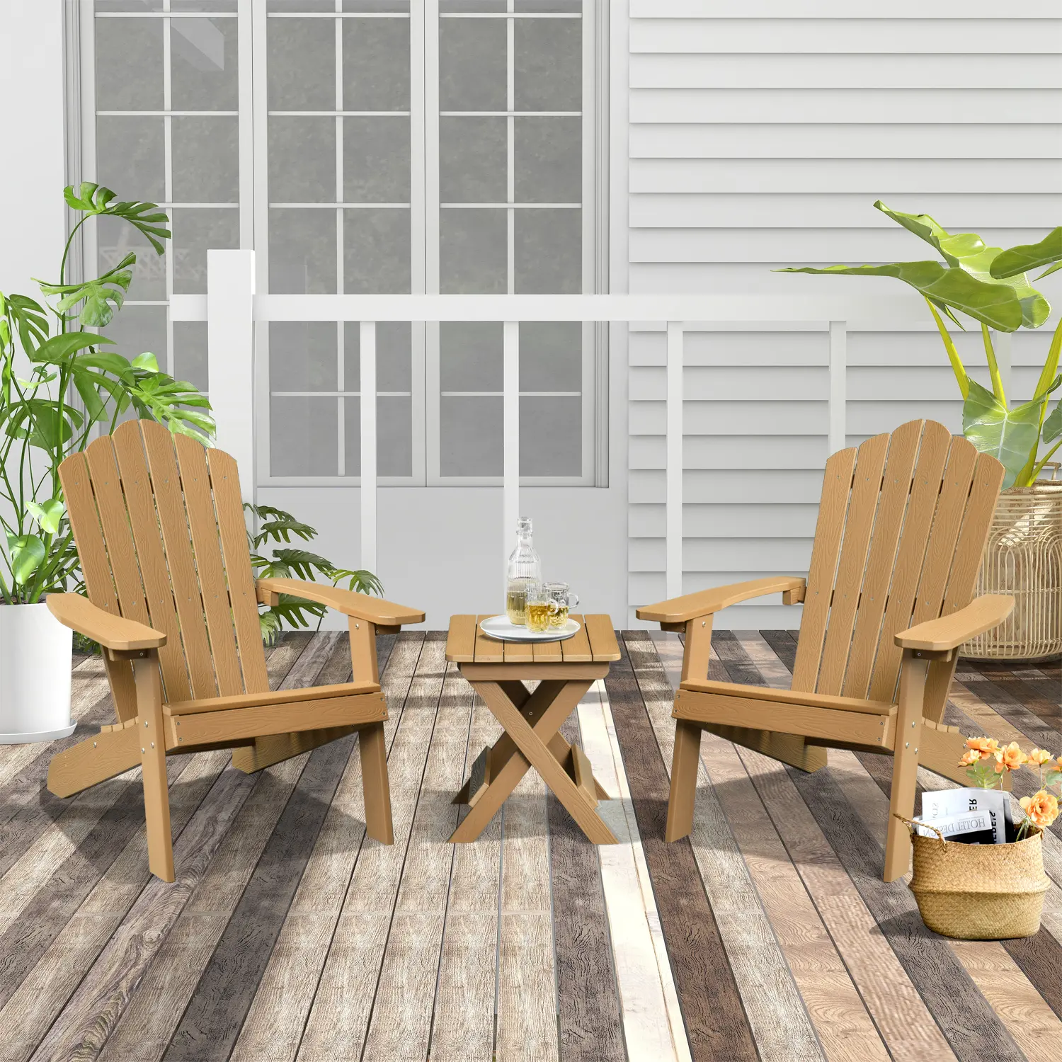 ALLWEX Adirondack Chair and Side Table, Outdoor Patio Furniture, HDPE Weather Resistant Chairs, Folding Table, Wood Grain Finish, High Back Armchair for Garden, Deck, Porch
