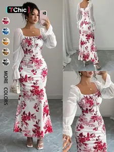 New Women's Floral Pattern Square Neck Tie Front Bubble Sleeve Chiffon Dress, Boho Summer Dresses, Elegant Long Dress for Parties, Casual Wear, Chic Slim-Fit Dress for Spring, Summer and Fall