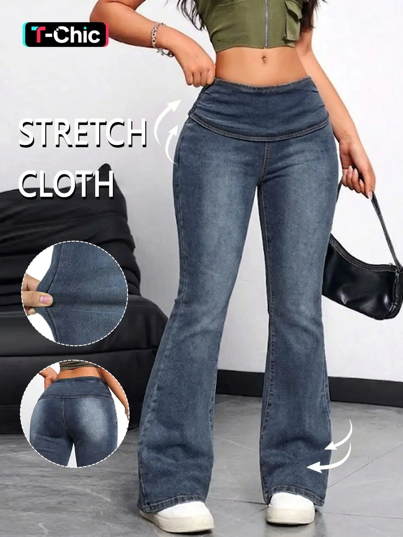 GILIPUR Women's Dark Blue Washed Low Rise V-Foldover Waist Flared Jeans, Flare Leg Jeans, Ruched Waistband Slim Fit Fitted Butt Lifting High Stretch Elastic Jeans Fit Bell Bottom Denim Pants, Vintage Casual Streetwear Womenswear Daily & Club Outfits TChic