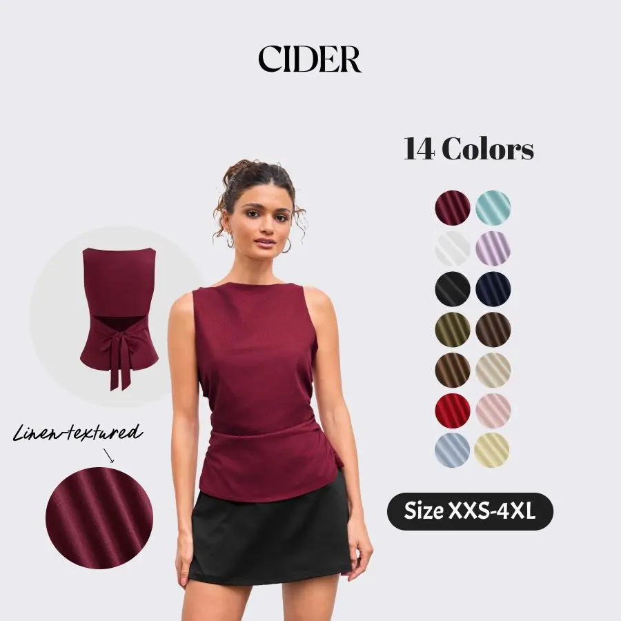 Cider Boat Neckline Solid Bowknot Tank Top, Breathable Linen-Blend Relaxed Fit Sleeveless Blouse, Ladies Lightweight Bow Detail Tops, Urban Chic Summer Fashion, Casual Stretch-Waist Tops