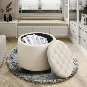 19" Round Storage Ottoman with Sponge Seat and Lift-Off Lid, Ottoman with Storage Faux Linen / PU Leather Ottoman Stools for Living Room Bedroom
