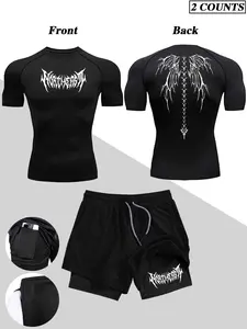 Men's Fitness Running Set, Gothic Letter Print and Wing Pattern, Quick-Dry Elastic Breathable Short Sleeve Tight T-Shirt + Two-In-One Shorts, Athletic Set, Sports Activewear Set, Athleisure Sportswear Set