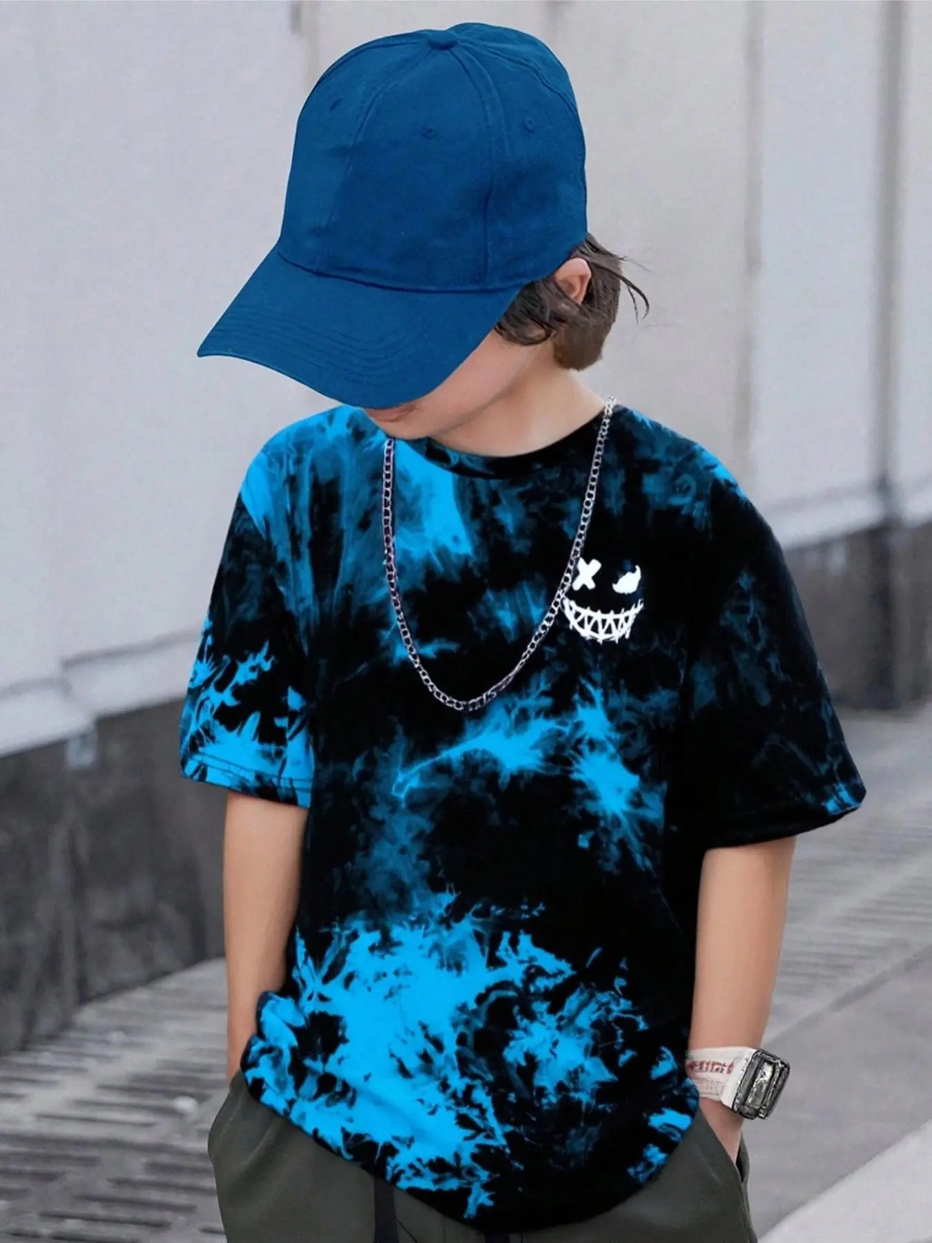 Tie-Dye Graphic Short Sleeve T-Shirt, Gradient Ghost Face Pattern, Trendy Casual Boys' Top, Loose-Fitting, No Collar, Funny Shirt, Cute Shirts, Funny Print Shirts