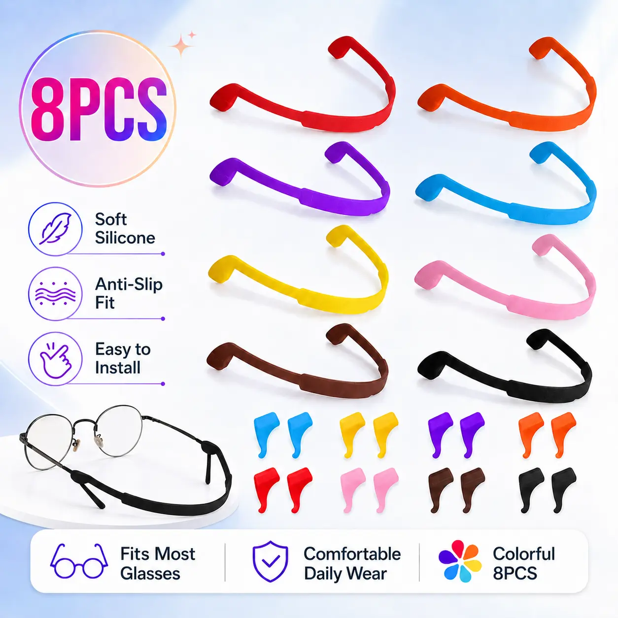 8-Pack Silicone Eyeglass Retainers, Anti-Slip Glasses Strap for Men and Women