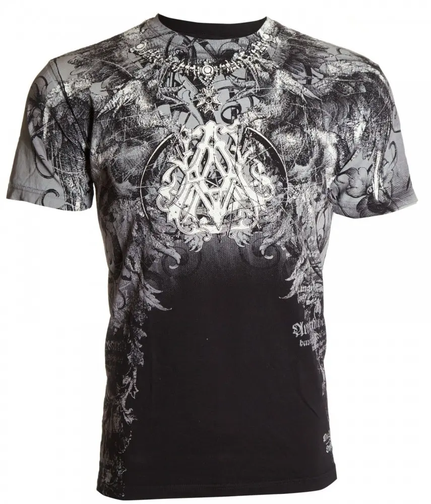ARCHAIC Men's 100% Cotton T-Shirt, Biker MMA Style Skull Wings Graphic, Fitted Cut Fashion Crew Neck, Made in USA