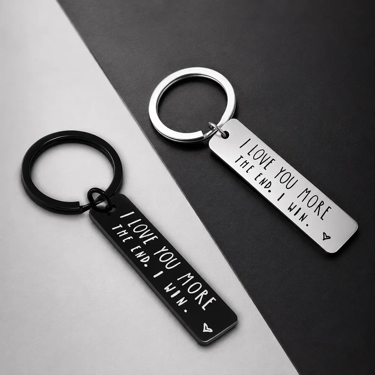 Stainless Steel Engraved Love Keychain - "I Love You More" & "The End I Win" Engraved Message, Oblong Shape Rectangular Bar, Black/Silver Anniversary Gift for Couples