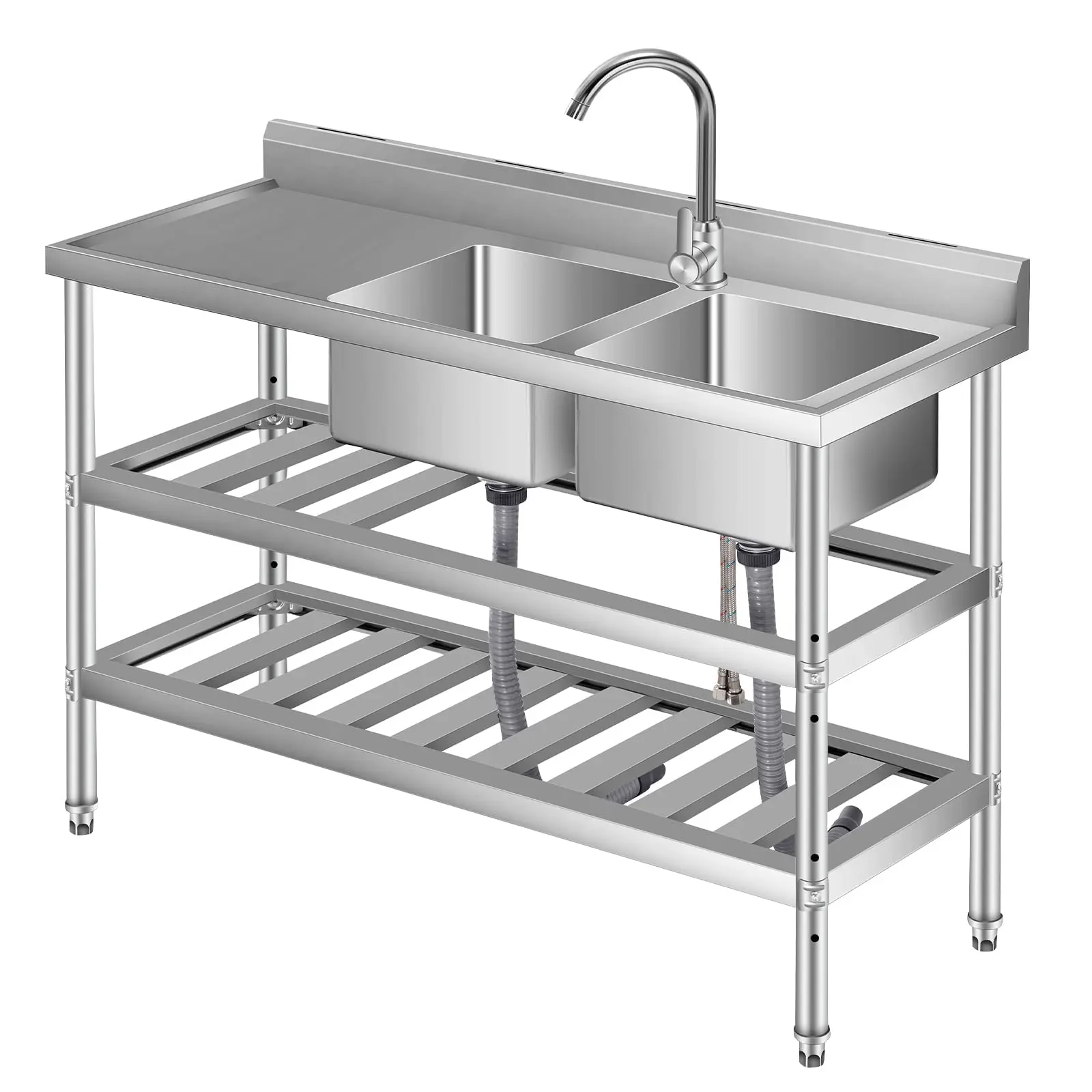 Garvee Stainless Steel Sink Table 120x46x81CM, Freestanding Kitchen Sink Commercial Sink with 1 Basin Faucet Cold and Hot Water Hoses, For Laundry Room Outdoor Kitchen Gastro Kitchen Sink