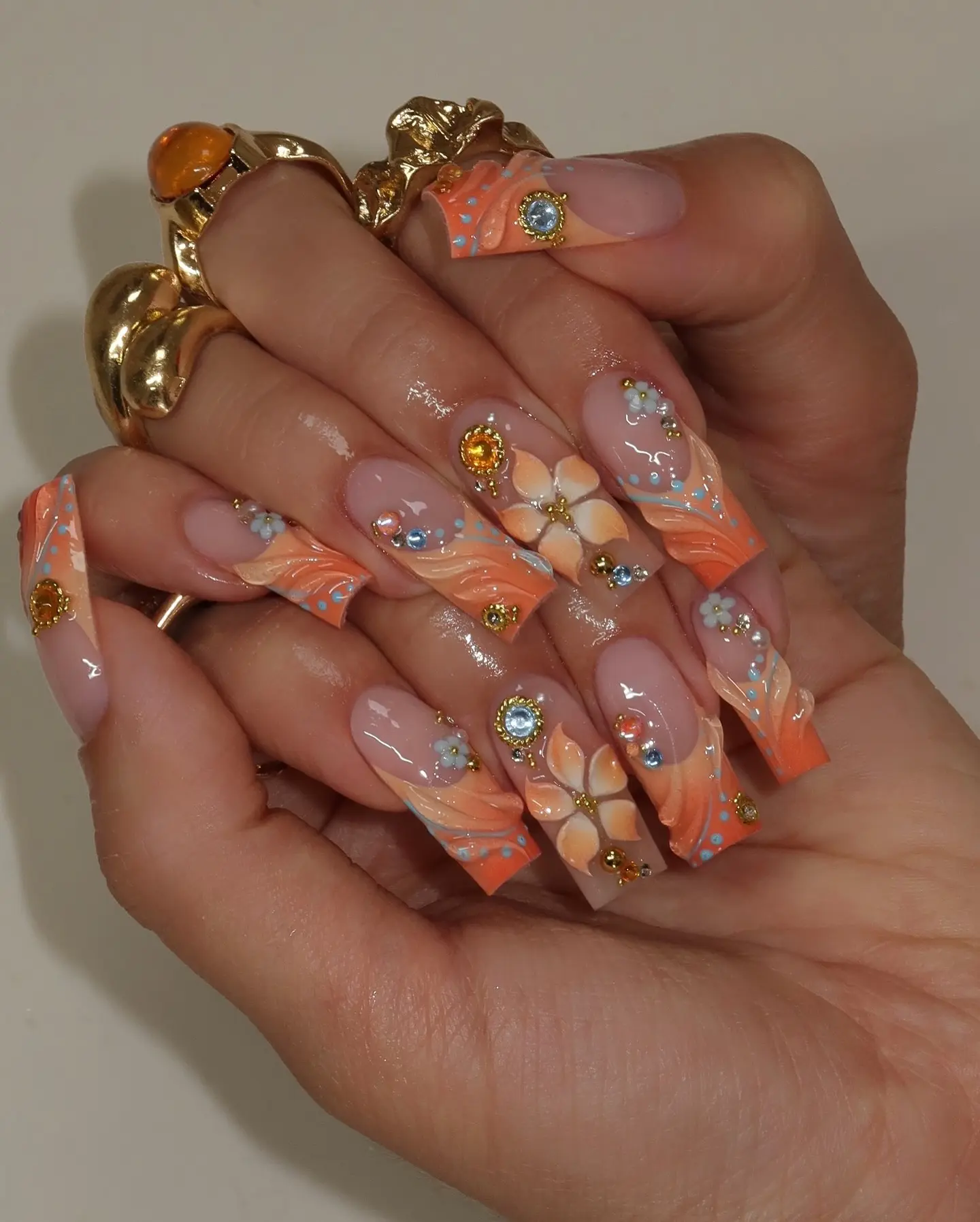 Julina Beauty | Luxury Handmade Orange Floral Press On Nails Long Square  3D Flower French Tip Fake Nails  Summer Peach Coral Glossy Glue On Nails  Reusable Acrylic Full Cover Nail Set for Women Gift