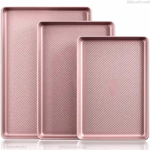 Diamond-Texture Baking Sheet Pan Set, Non-Stick Cookie Sheets, Teflon-Free Heavy Duty Bakeware - 3 Sizes, Baker, Pink Kitchenware CookingAUrbanNook2FFMotionModeXXPacePivot9
