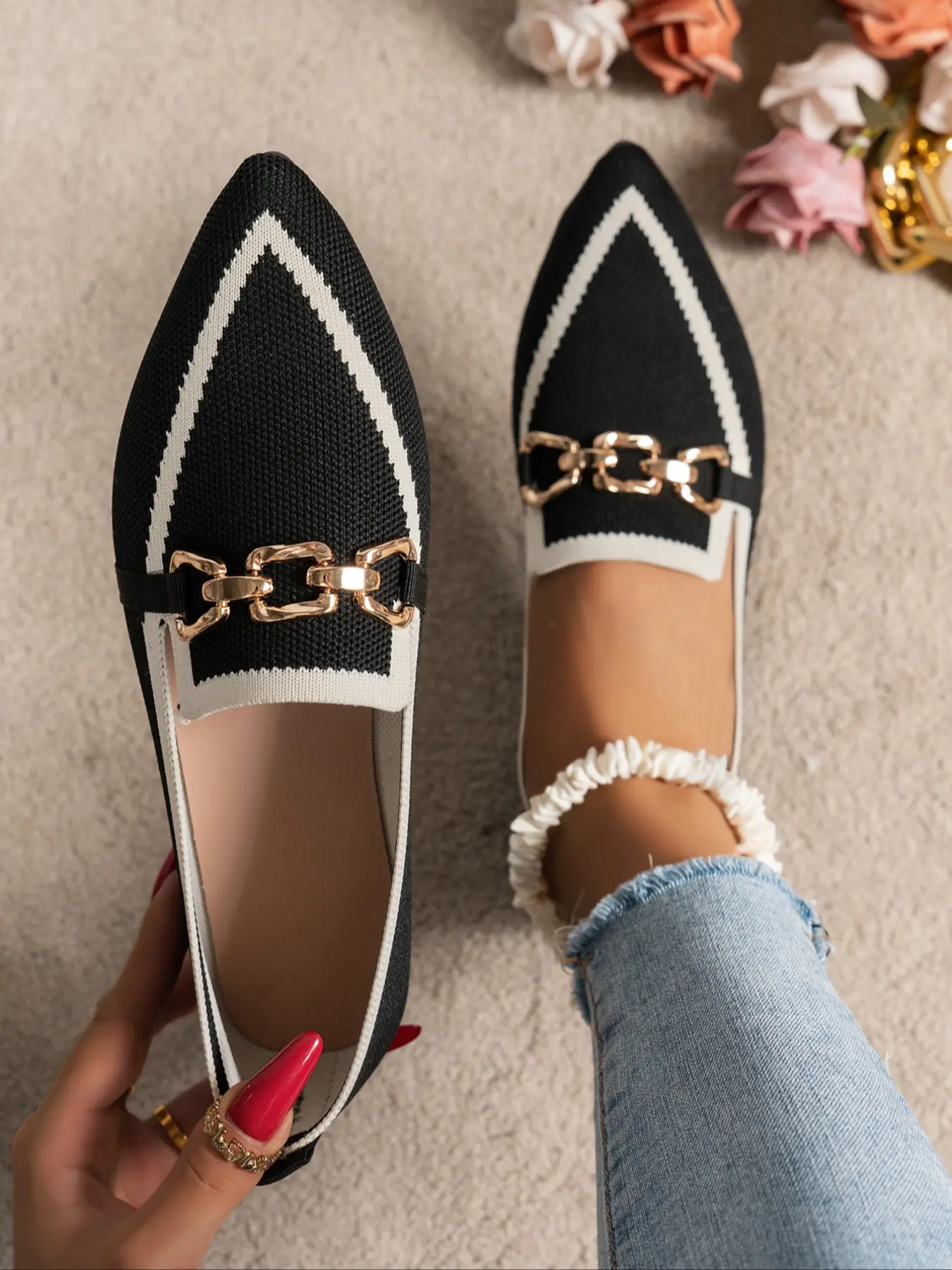 Women's Elegant Pointed-Toe Flat Shoes with Buckle Decor, Casual Fashion Flats, Comfortable Non-Slip Shoes, Large Size Available, Casual Trendy Flat, Fashionable Flats