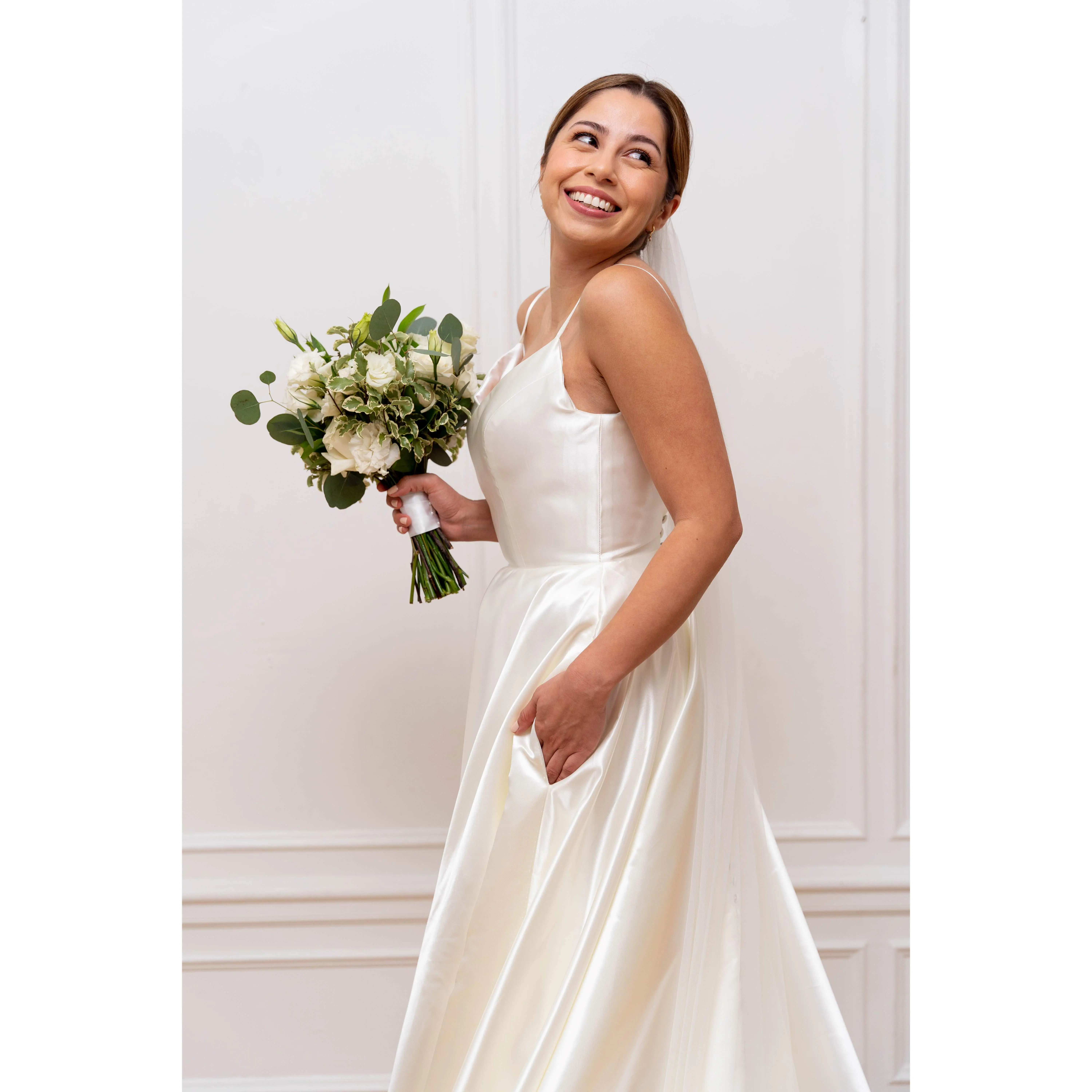 The Allie Gown - Wedding Dress Bridal Gown Classic A-Line Simple Satin Spaghetti Straps V-Neck Low Back Buttons Pockets White or Ivory Bride Elegance Love