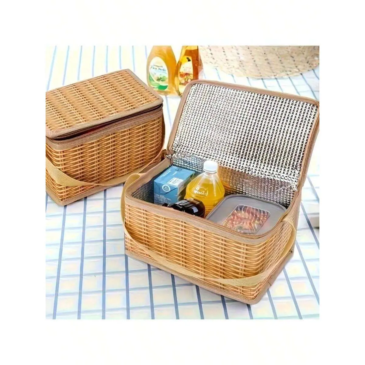 Multifunctional Portable Insulated Bamboo Picnic Basket - Wicker Pattern Cooler Backpack Baskets & Hampers, Outdoor Food Storage Bag With Zipper Closure, Convenient Handle, Ideal For Picnic, Outdoor Adventure, Casual, Hiking, Insulation, Hiking Camping, Z